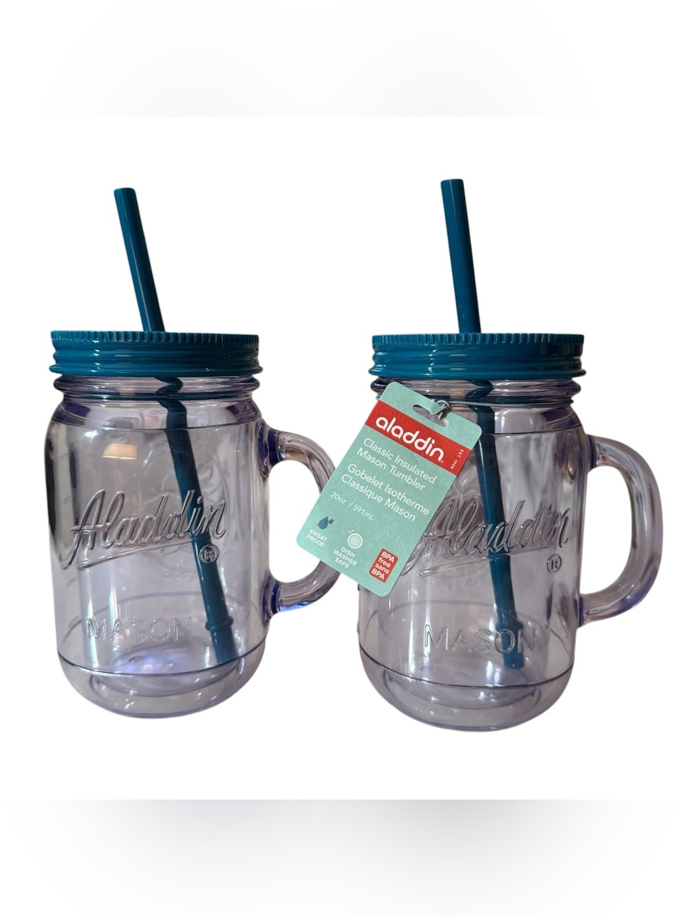 ONE Aladdin Classic Double-walled Mason Tumbler with Blue Lid & Straw, 20 oz.